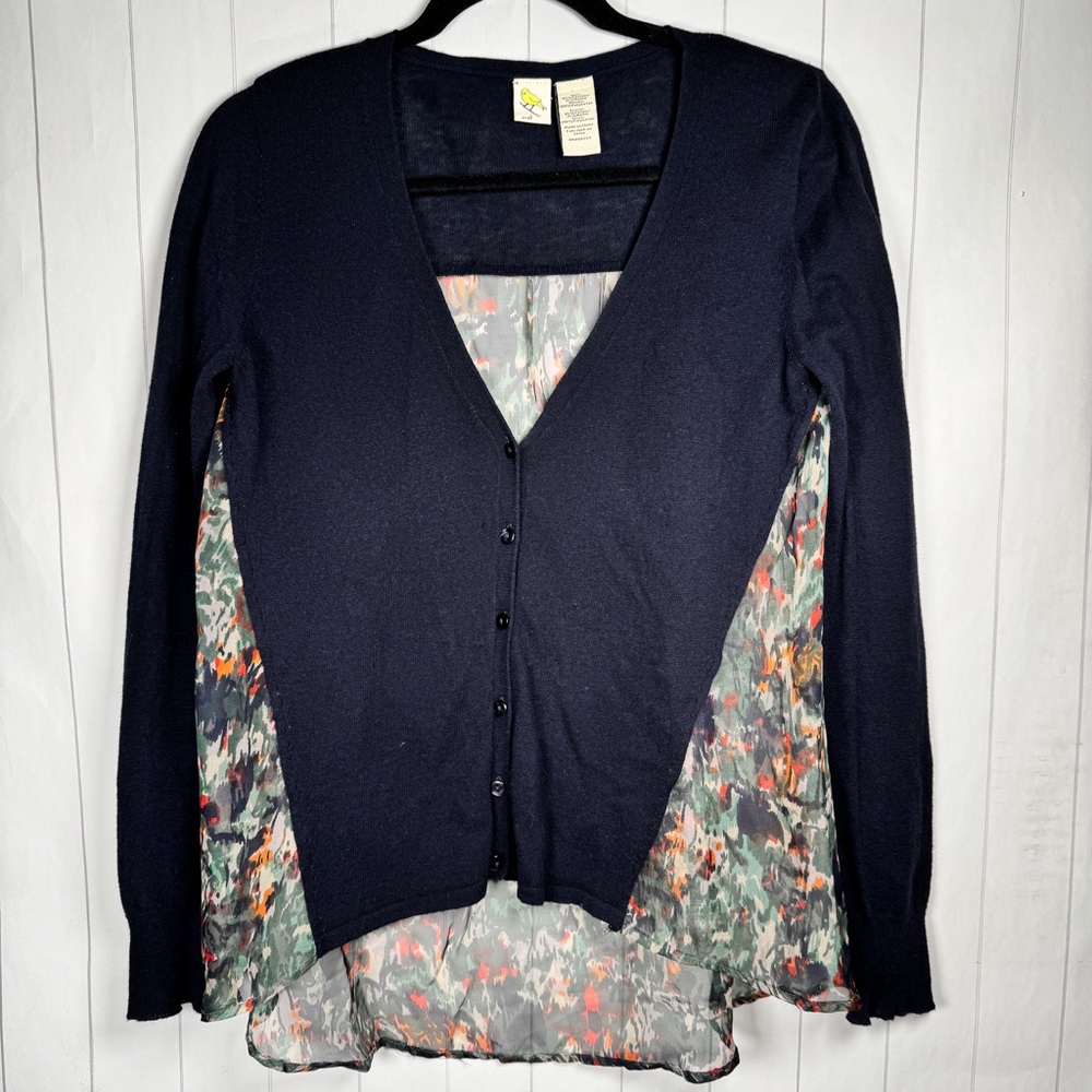 Yellow Bird Anthropologie Navy Sweater Front Sheer Chiffon Blouse Tunic Top S